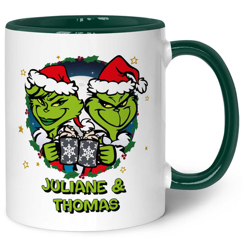 Bedruckte Tasse mit Weihnachtsmotiv - Grinch Paar mit Namen