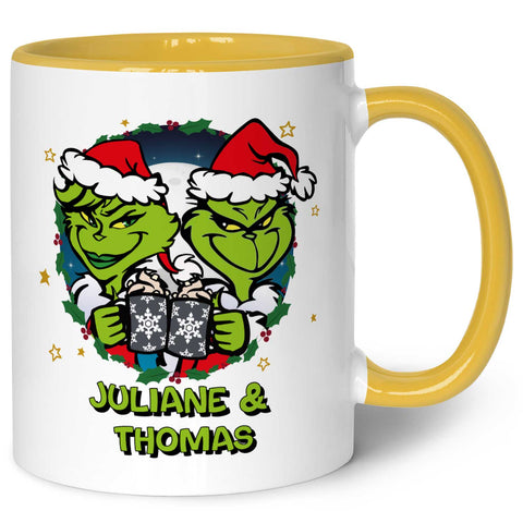 Bedruckte Tasse mit Weihnachtsmotiv - Grinch Paar mit Namen