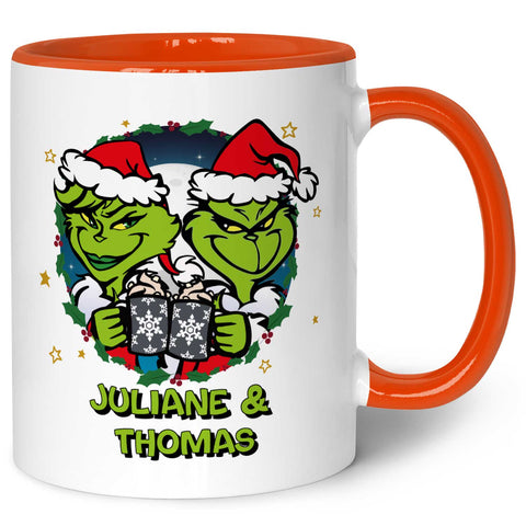 Bedruckte Tasse mit Weihnachtsmotiv - Grinch Paar mit Namen