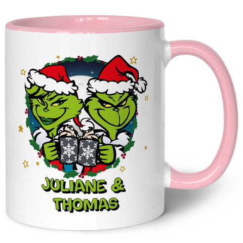 Bedruckte Tasse mit Weihnachtsmotiv - Grinch Paar mit Namen