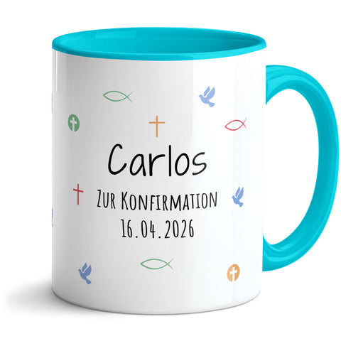 Bedruckte Tasse mit Motiv - Zur Erstkommunion & Konfirmation - Personalisiert mit Name & Datum