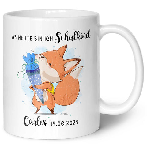 Bedruckte Tasse mit Spruch "Schulkind" - personalisiert mit Name und Datum