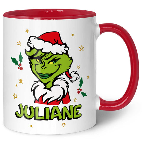 Bedruckte Tasse mit Weihnachtsmotiv - Weiblicher Grinch mit Name
