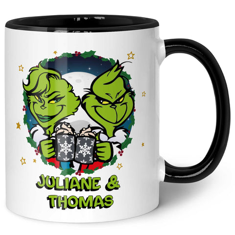 Bedruckte Tasse mit Weihnachtsmotiv - Grinch Paar mit Namen