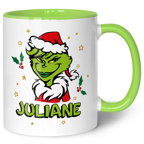 Bedruckte Tasse mit Weihnachtsmotiv - Weiblicher Grinch mit Name