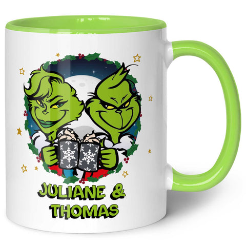 Bedruckte Tasse mit Weihnachtsmotiv - Grinch Paar mit Namen