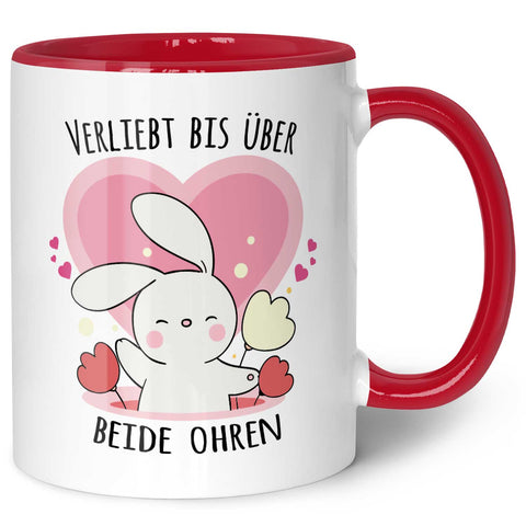 Bedruckte Tasse mit Spruch - Verliebt bis über beide Ohren