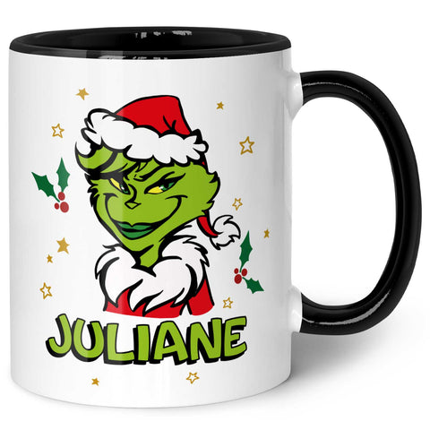 Bedruckte Tasse mit Weihnachtsmotiv - Weiblicher Grinch mit Name