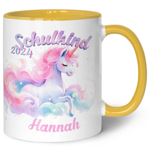 Bedruckte Tasse mit Einschulung magisches Einhorn Motiv - personalisiert mit Name