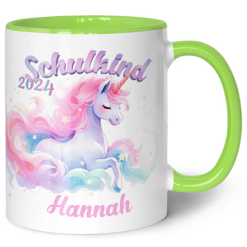 Bedruckte Tasse mit Einschulung magisches Einhorn Motiv - personalisiert mit Name