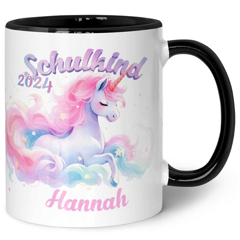 Bedruckte Tasse mit Einschulung magisches Einhorn Motiv - personalisiert mit Name