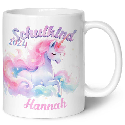 Bedruckte Tasse mit Einschulung magisches Einhorn Motiv - personalisiert mit Name