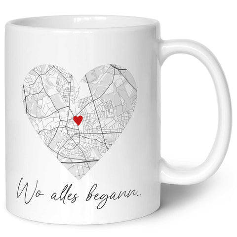 Bedruckte Tasse mit "Wo alles begann" Motiv - Personalisiertes Geschenk mit Wunschkoordinaten