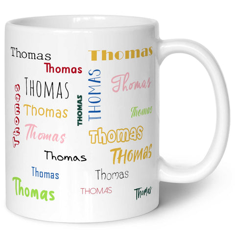 Bedruckte Tasse mit Namen in verschiedenen Schriftarten