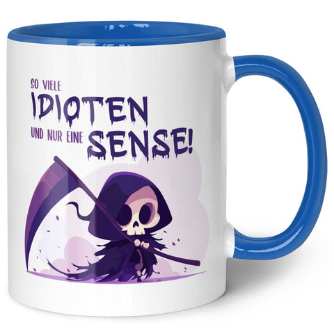 Bedruckte Tasse mit Spruch in lila - So viele Idioten und nur eine Sense