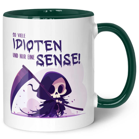Bedruckte Tasse mit Spruch in lila - So viele Idioten und nur eine Sense