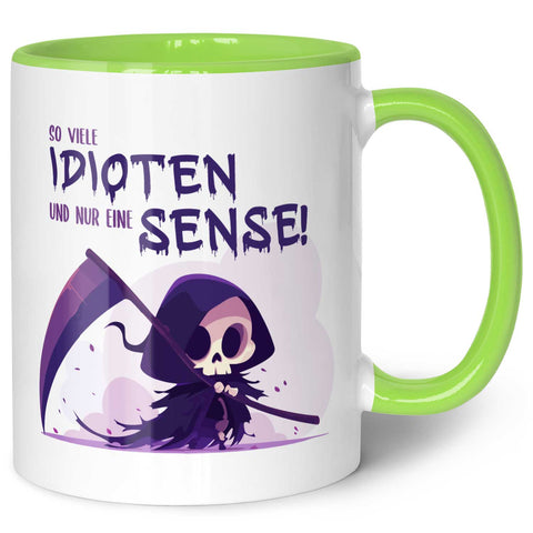 Bedruckte Tasse mit Spruch in lila - So viele Idioten und nur eine Sense