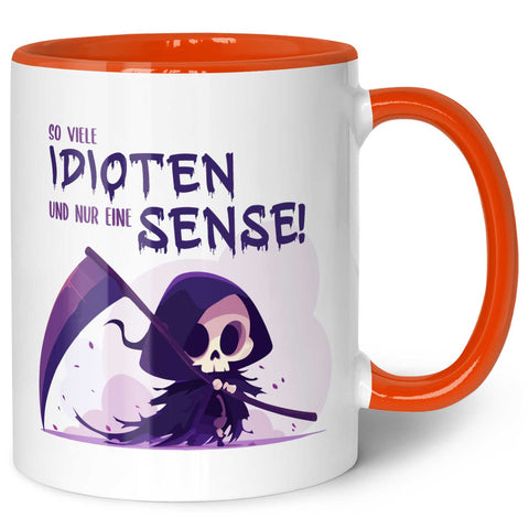 Bedruckte Tasse mit Spruch in lila - So viele Idioten und nur eine Sense