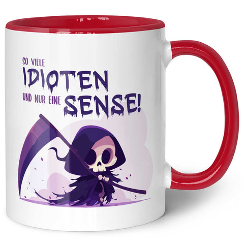 Bedruckte Tasse mit Spruch in lila - So viele Idioten und nur eine Sense