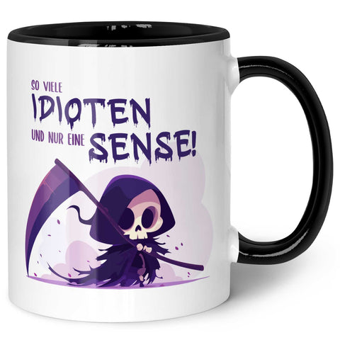 Bedruckte Tasse mit Spruch in lila - So viele Idioten und nur eine Sense