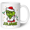 Bedruckte Tasse mit Weihnachtsmotiv - Weiblicher Grinch mit Name