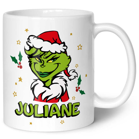 Bedruckte Tasse mit Weihnachtsmotiv - Weiblicher Grinch mit Name