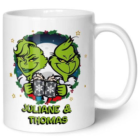 Bedruckte Tasse mit Weihnachtsmotiv - Grinch Paar mit Namen