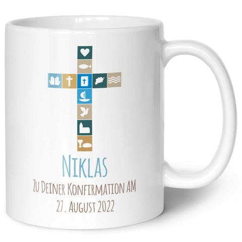Bedruckte Tasse mit Motiv - Zur Konfirmation V2 mit Name & Datum