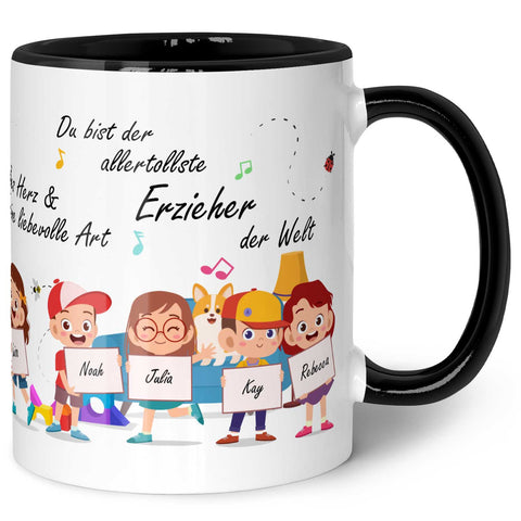 Bedruckte Tasse mit Spruch Erzieher/in Abschied mit Schildern für bis zu 10 Namen