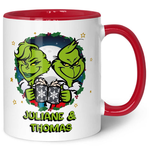 Bedruckte Tasse mit Weihnachtsmotiv - Grinch Paar mit Namen