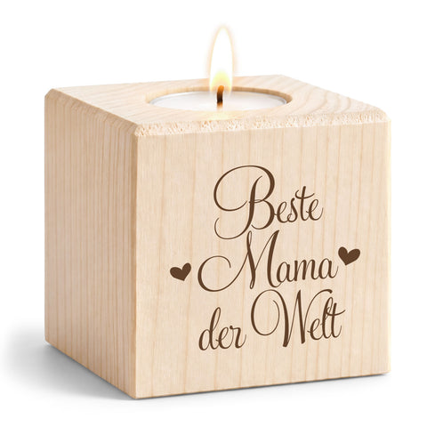 Teelichthalter mit Gravur aus Holz für Mama - Beste Mama der Welt - Persönliches Geschenk für