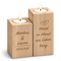 Graviertes Teelichthalter Set aus Holz im "Hand in Hand" Design