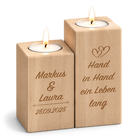 Graviertes Teelichthalter Set aus Holz im "Hand in Hand" Design