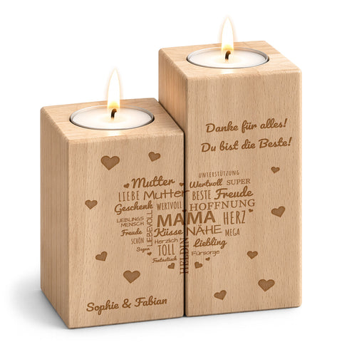 Gravierter Teelichthalter aus Holz im Set mit Namensherz Mama Design