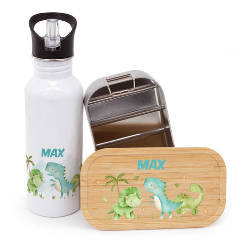 Bedruckte Brotdose & Trinkflasche im Set - Dino