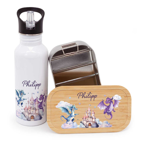 Bedruckte Brotdose & Trinkflasche im Set - Drache