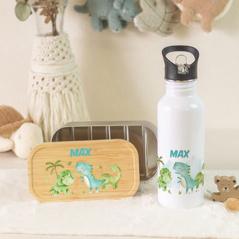 Bedruckte Brotdose & Trinkflasche im Set - Dino