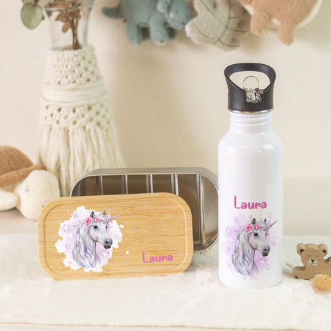 Bedruckte Brotdose & Trinkflasche im Set - Einhorn
