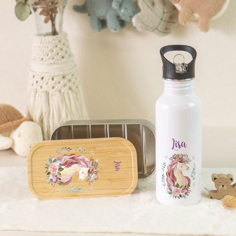 Bedruckte Brotdose & Trinkflasche im Set - Einhorn V2