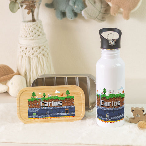 Bedruckte Brotdose & Trinkflasche im Set - Pixelerde