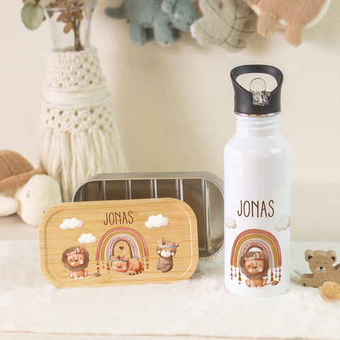 Bedruckte Brotdose & Trinkflasche im Set - Regenbogen Indianer