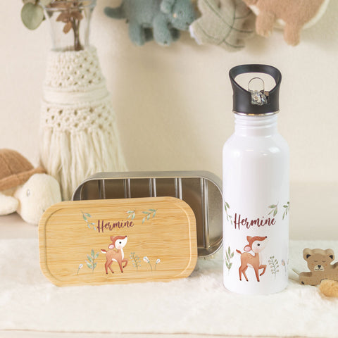 Bedruckte Brotdose & Trinkflasche im Set - Reh