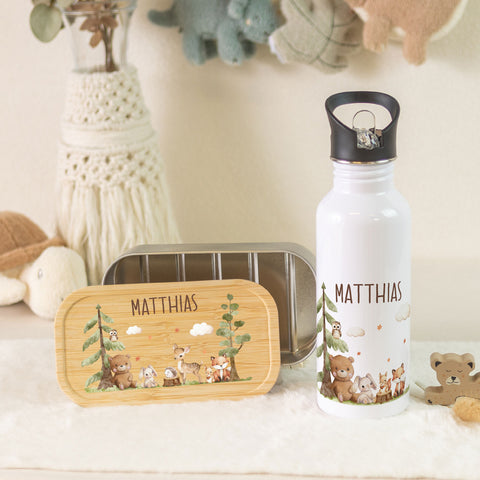 Bedruckte Brotdose & Trinkflasche im Set - Waldfreunde