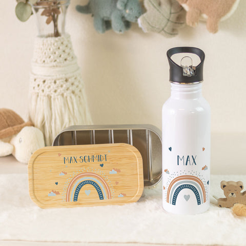 Bedruckte Brotdose & Trinkflasche im Set - Regenbogen