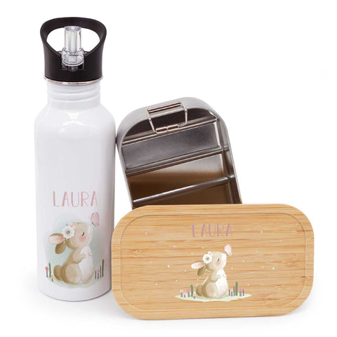 Bedruckte Brotdose & Trinkflasche im Set - Hase