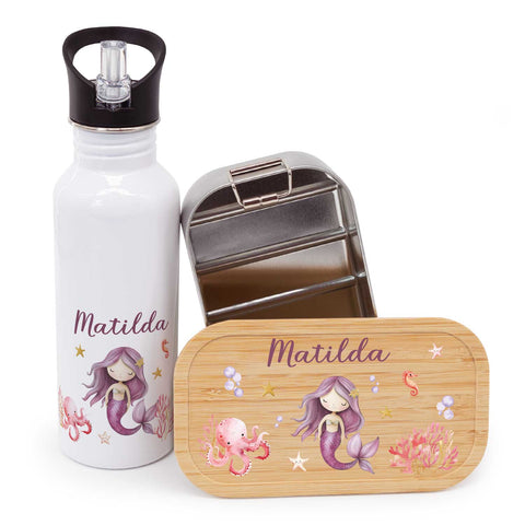 Bedruckte Brotdose & Trinkflasche im Set - Meerjungfrau