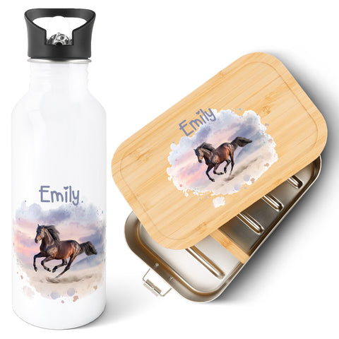 Bedruckte Brotdose & Trinkflasche im Set - Pferd