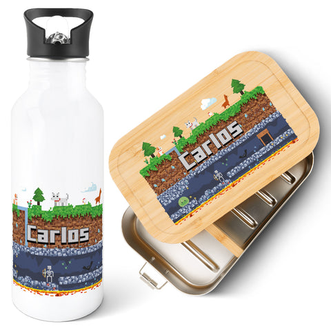 Bedruckte Brotdose & Trinkflasche im Set - Pixelerde