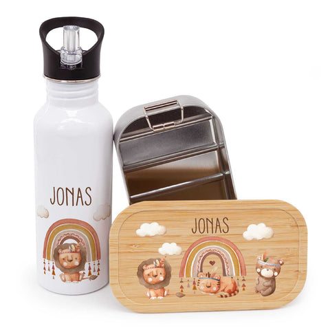 Bedruckte Brotdose & Trinkflasche im Set - Regenbogen Indianer