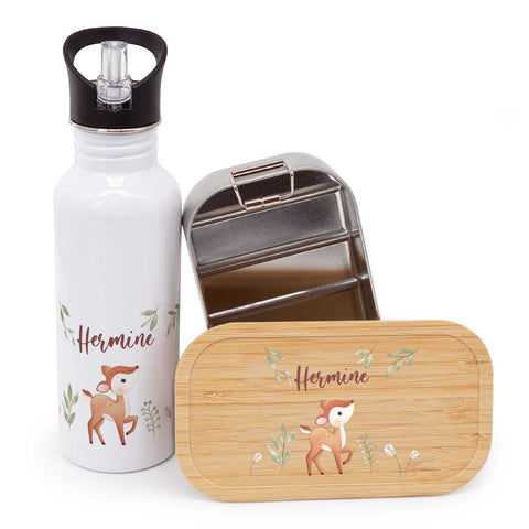 Bedruckte Brotdose & Trinkflasche im Set - Reh